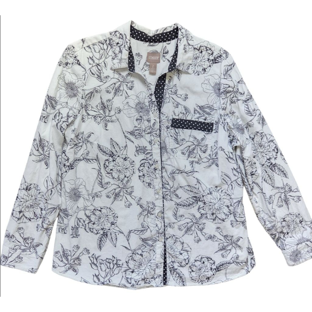 Women's Chico's White Black Floral Button Down Shirt, US Size 2